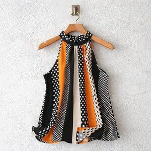 Striped Polka Dot Halter Neck Sleeveless Blouse Y2K Retro Orange Black Top Sz S